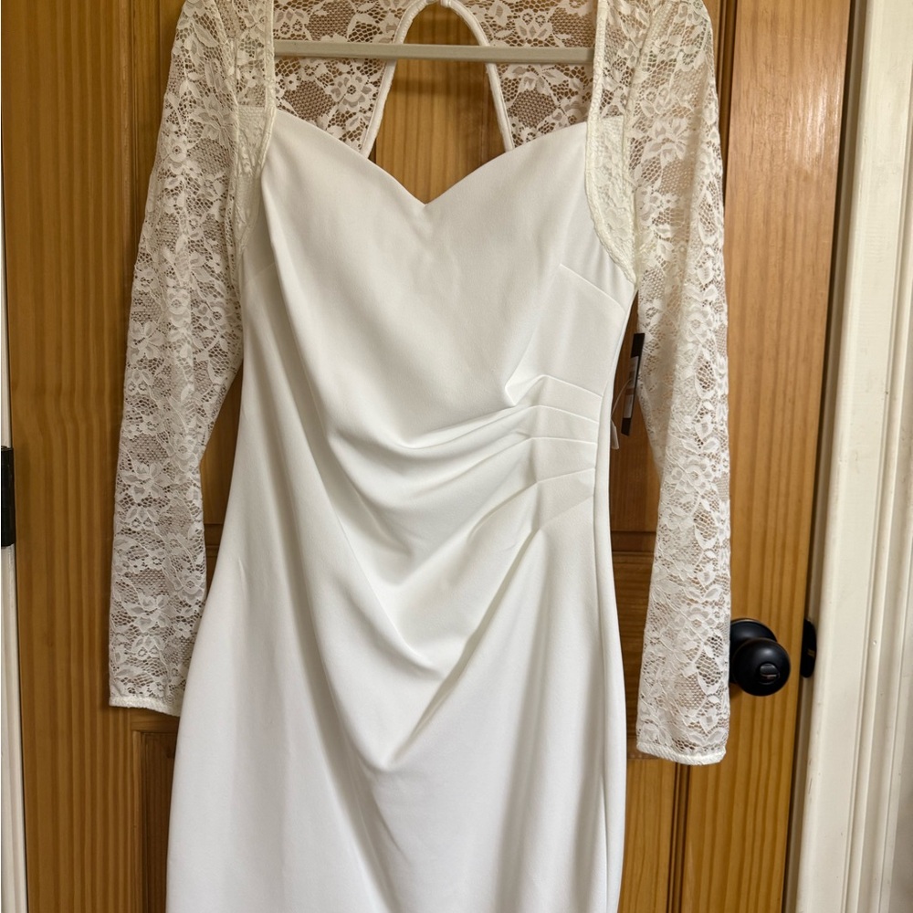 Guess Ivory Lace Sleeve Midi Dress